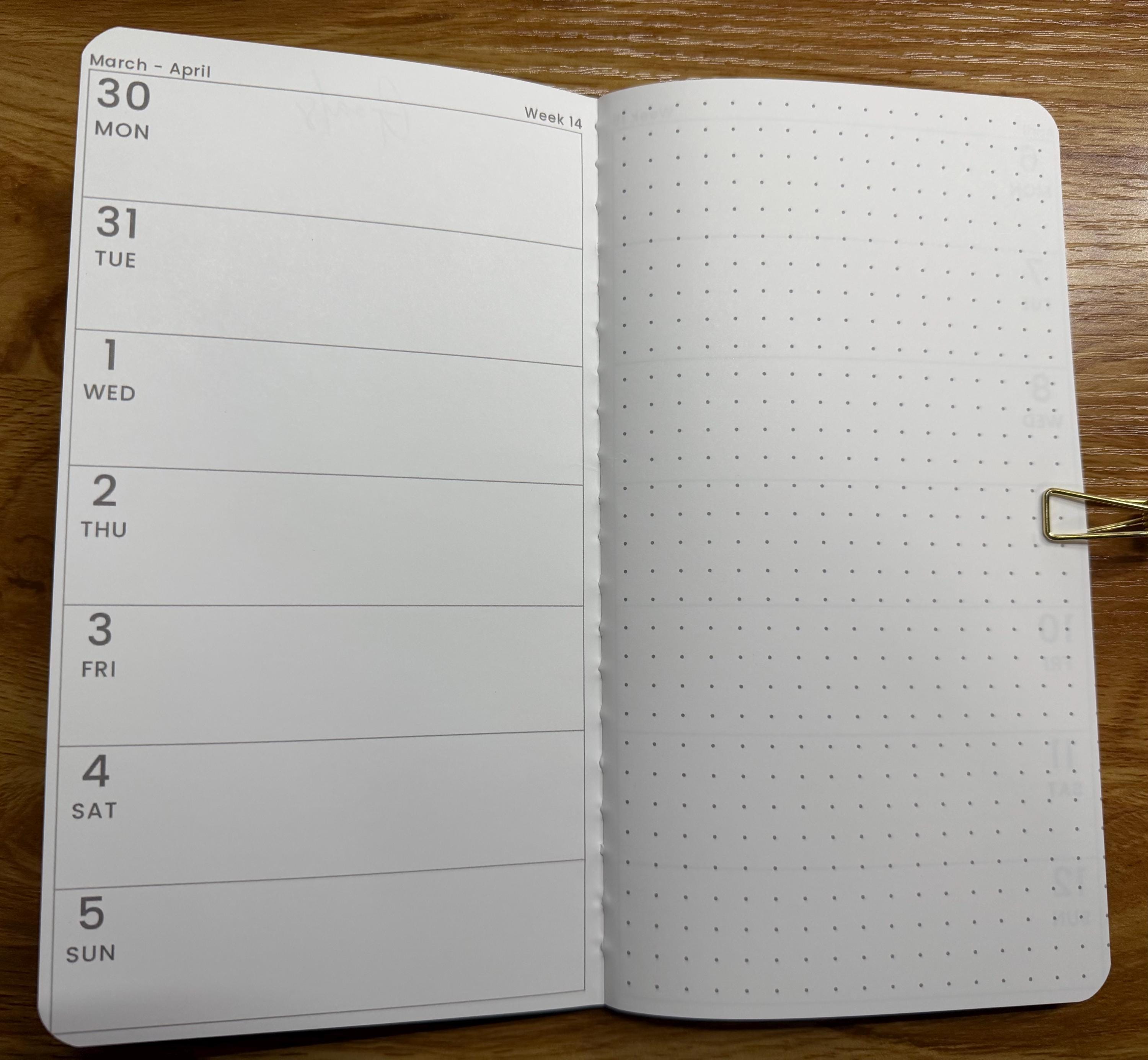 APRIL Ready to Ship Narrow Dot Grid Hobo Weeks Style Monthly Planner